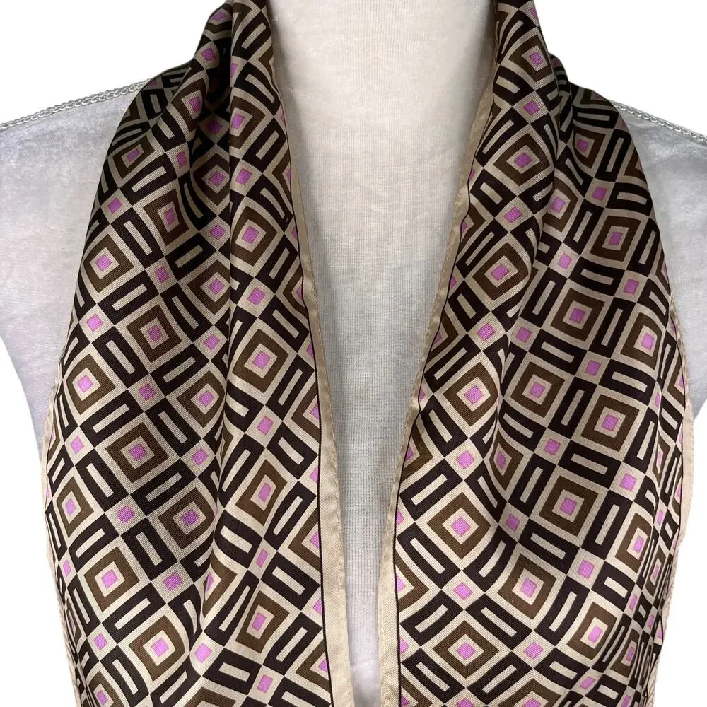 Vintage Ann Taylor Silk Scarf Geometric Brown Beige Pink New